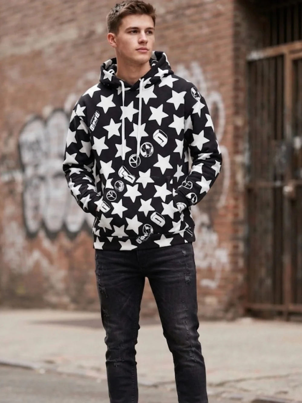 NWT Good Practice Star Print Pullover Hoodie Black White XL Streetwear Unisex